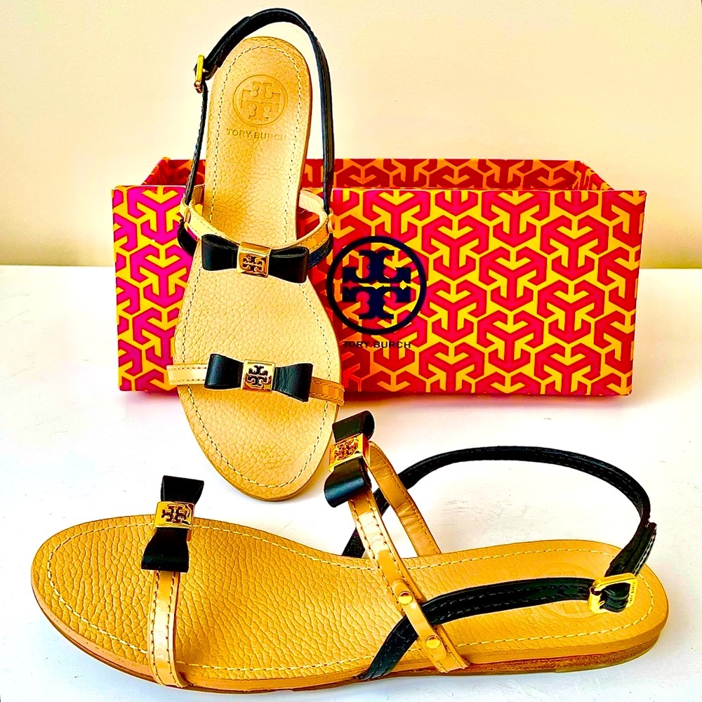 ☀️ New Tory Burch Size 8/8.5 classic black Tan Leather Sandals with Bows Summer